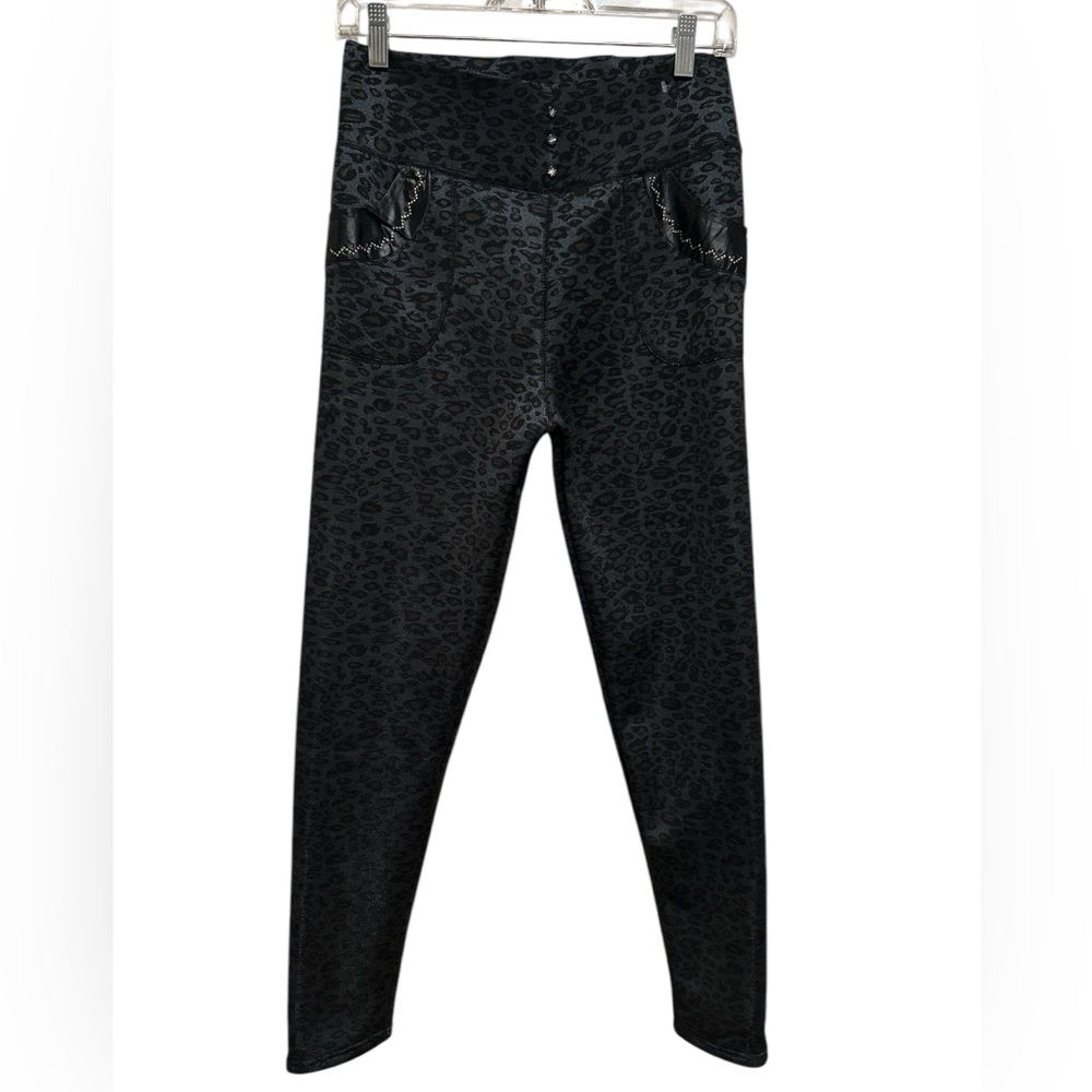 HIGH RISE BLACK BLING STUD ANIMAL PRINT FLEECE LINED PULLON PANT